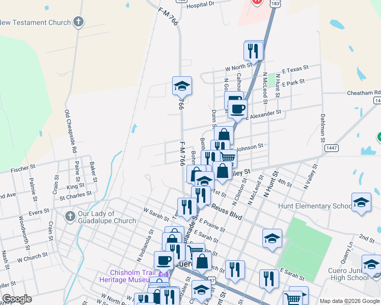 map of restaurants, bars, coffee shops, grocery stores, and more near 114a Bohman Street in Cuero
