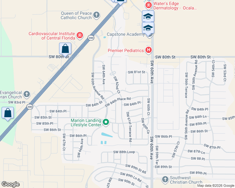 map of restaurants, bars, coffee shops, grocery stores, and more near 6369 Southwest 84th Place Road in Ocala