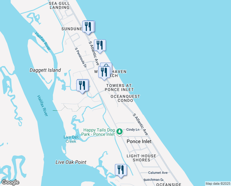 map of restaurants, bars, coffee shops, grocery stores, and more near 4650 Links Village Drive in Ponce Inlet