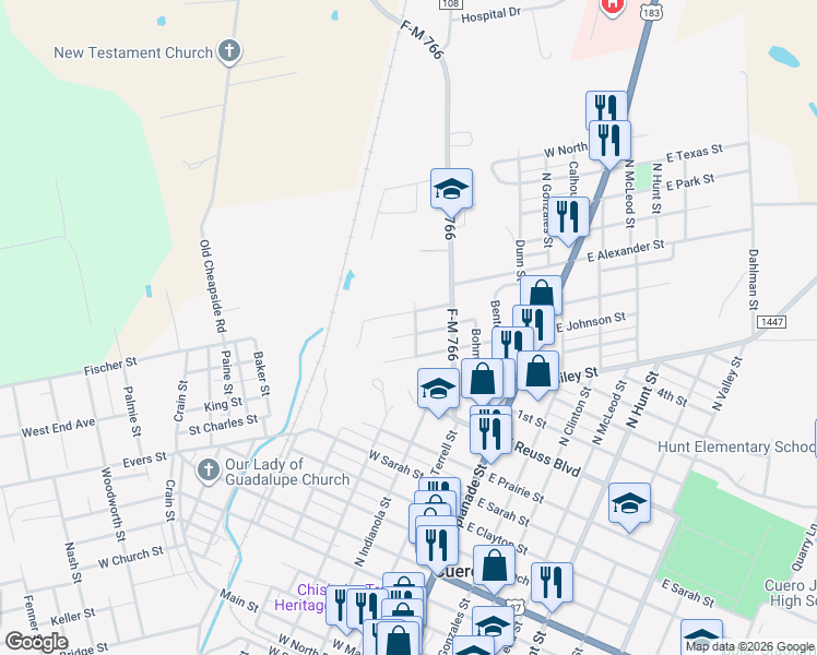 map of restaurants, bars, coffee shops, grocery stores, and more near 606 West Johnson Street in Cuero
