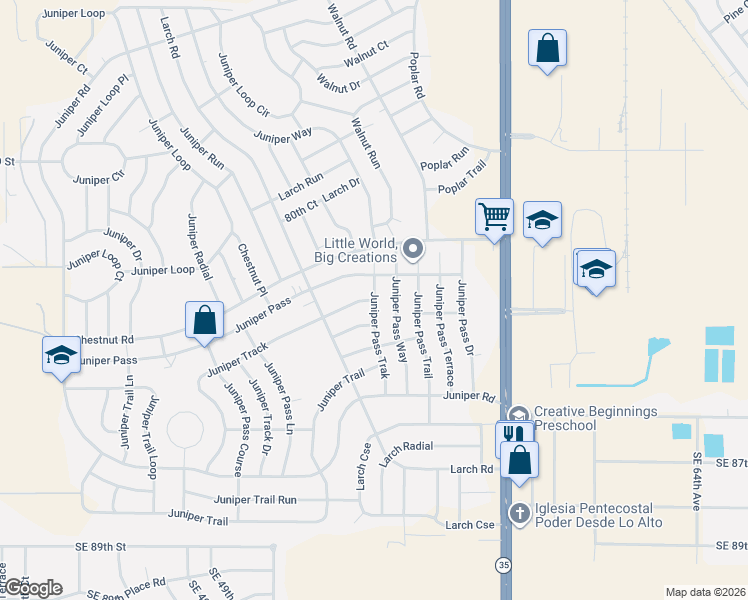 map of restaurants, bars, coffee shops, grocery stores, and more near 19 Juniper Pass Track in Ocala
