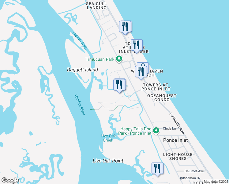map of restaurants, bars, coffee shops, grocery stores, and more near 127 Ponce Terrace Circle in Ponce Inlet