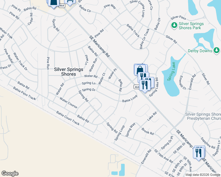 map of restaurants, bars, coffee shops, grocery stores, and more near 480 Water Road in Ocala