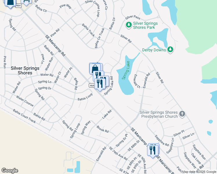 map of restaurants, bars, coffee shops, grocery stores, and more near 504 Spring Lake Road in Ocala