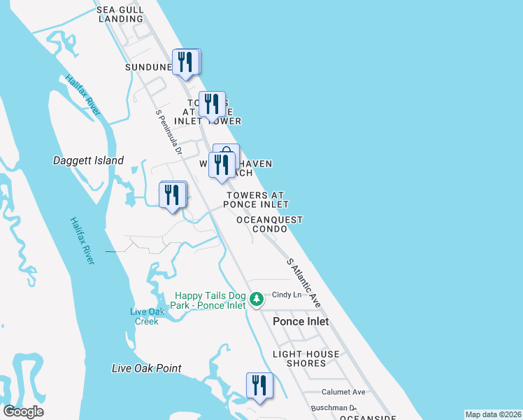 map of restaurants, bars, coffee shops, grocery stores, and more near 4631 South Atlantic Avenue in Port Orange