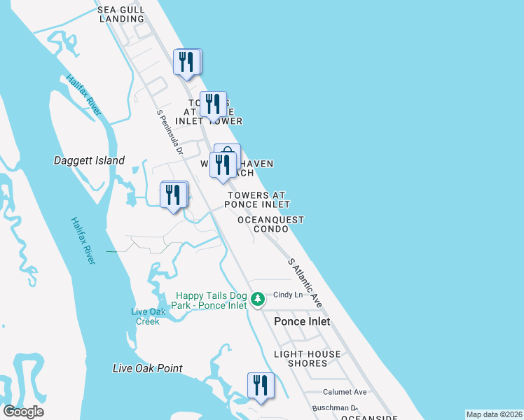 map of restaurants, bars, coffee shops, grocery stores, and more near 4621 South Atlantic Avenue in Port Orange
