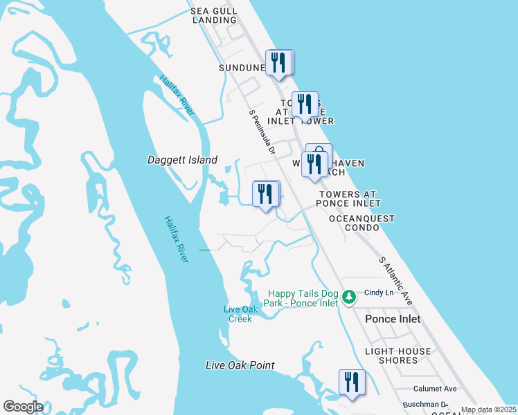 map of restaurants, bars, coffee shops, grocery stores, and more near 127 Ponce Terrace Circle in Ponce Inlet