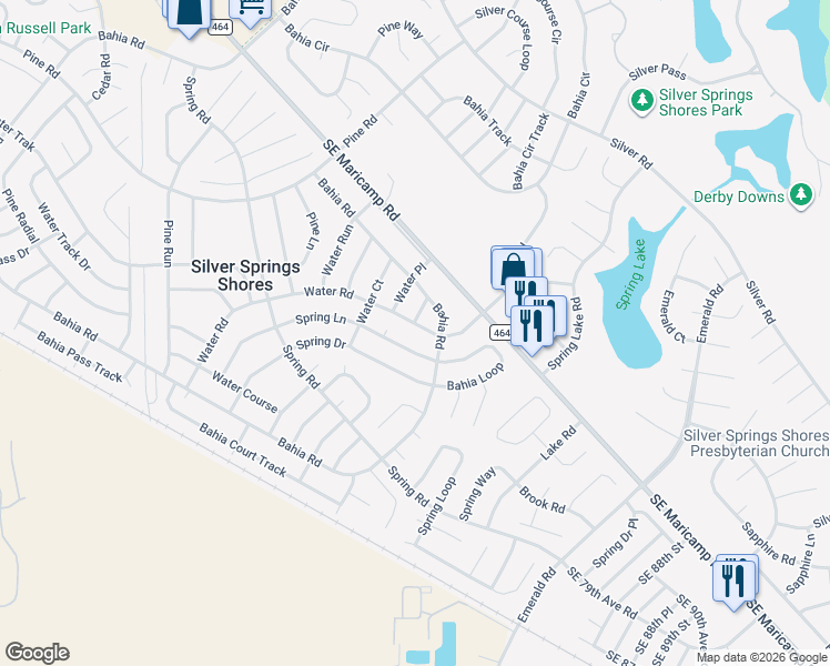 map of restaurants, bars, coffee shops, grocery stores, and more near 480 Water Road in Ocala