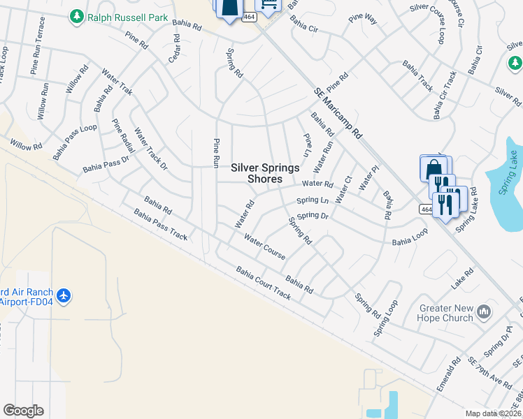 map of restaurants, bars, coffee shops, grocery stores, and more near 417 Water Road in Ocala