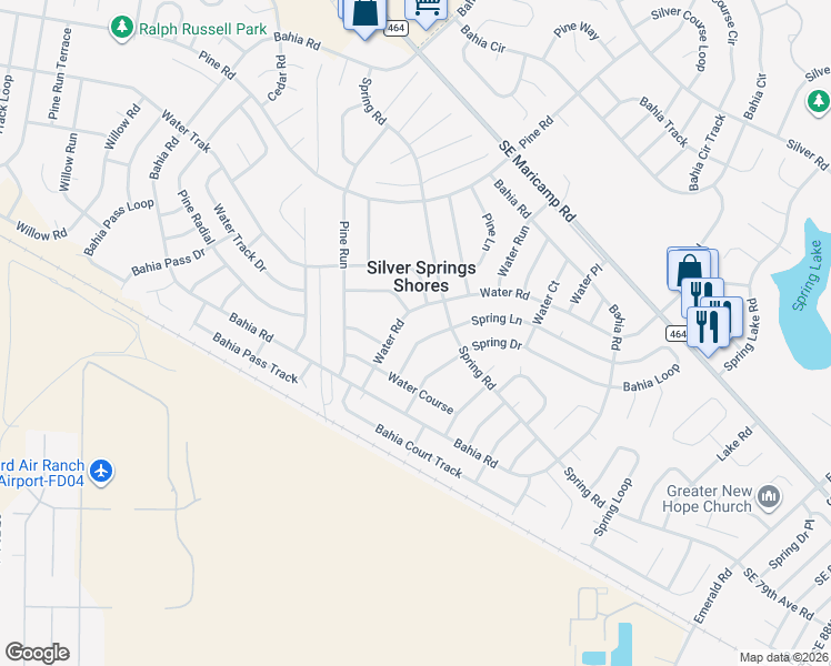 map of restaurants, bars, coffee shops, grocery stores, and more near 417 Water Road in Ocala