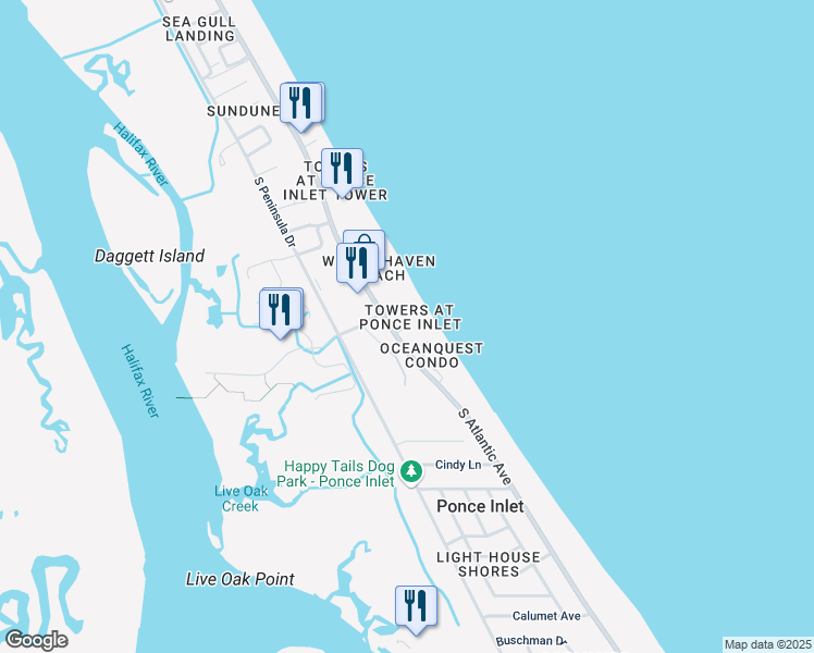 map of restaurants, bars, coffee shops, grocery stores, and more near 4621 South Atlantic Avenue in Port Orange