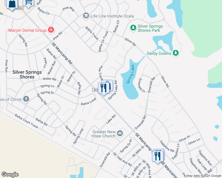map of restaurants, bars, coffee shops, grocery stores, and more near 504 Spring Lake Road in Ocala