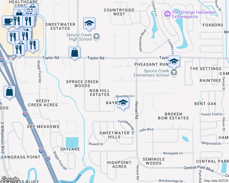 map of restaurants, bars, coffee shops, grocery stores, and more near 815 Bayridge Lane in Port Orange