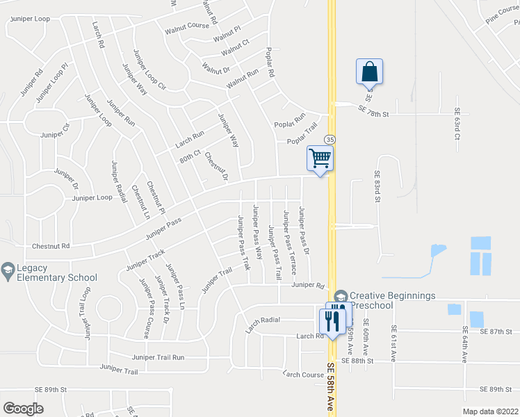 map of restaurants, bars, coffee shops, grocery stores, and more near 33 Juniper Pass Way in Ocala