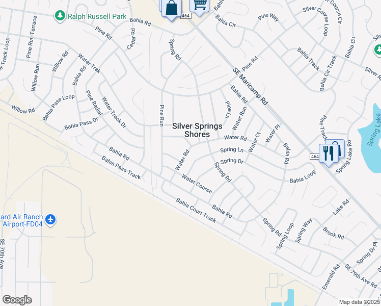 map of restaurants, bars, coffee shops, grocery stores, and more near 417 Water Road in Ocala