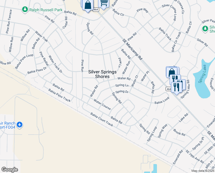 map of restaurants, bars, coffee shops, grocery stores, and more near 434 Spring Lane in Ocala
