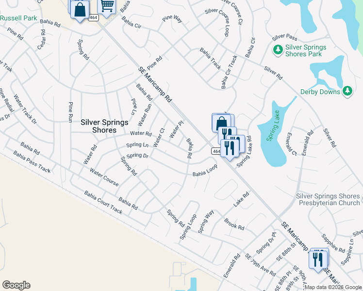 map of restaurants, bars, coffee shops, grocery stores, and more near 480 Water Road in Ocala