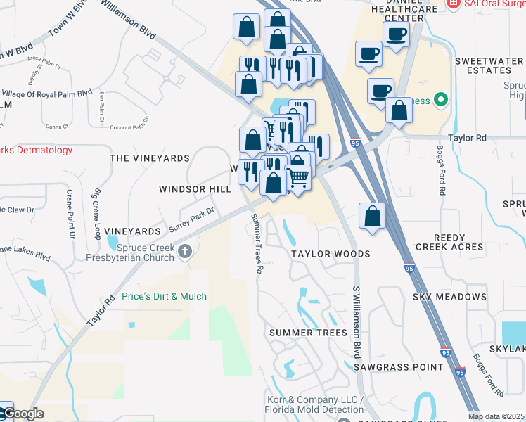 map of restaurants, bars, coffee shops, grocery stores, and more near 1661 Taylor Road in Port Orange