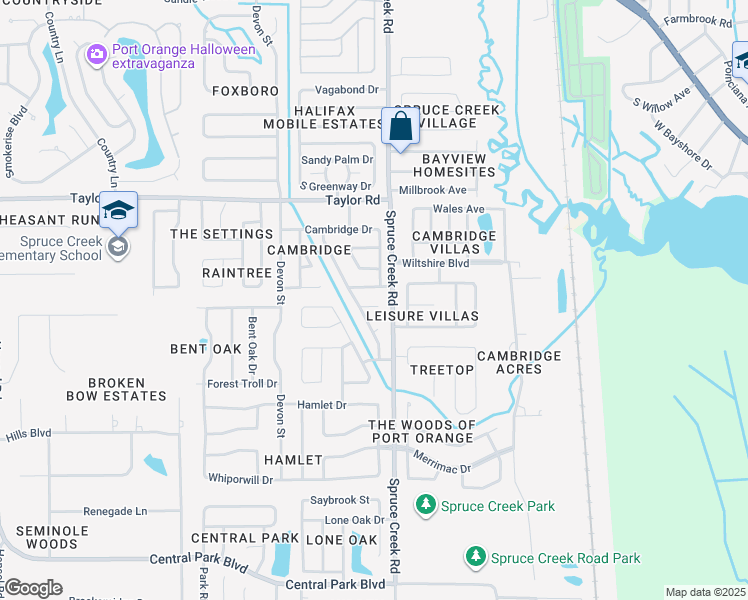 map of restaurants, bars, coffee shops, grocery stores, and more near 107 Dover Court in Port Orange