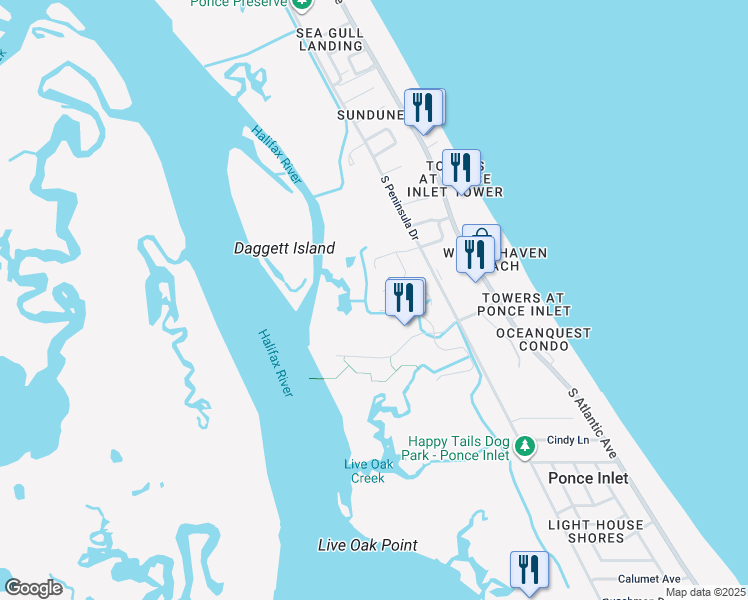 map of restaurants, bars, coffee shops, grocery stores, and more near 127 Ponce Terrace Circle in Ponce Inlet