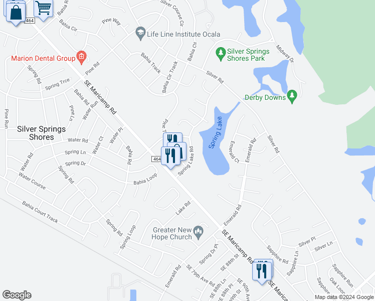 map of restaurants, bars, coffee shops, grocery stores, and more near 504 Spring Lake Road in Ocala