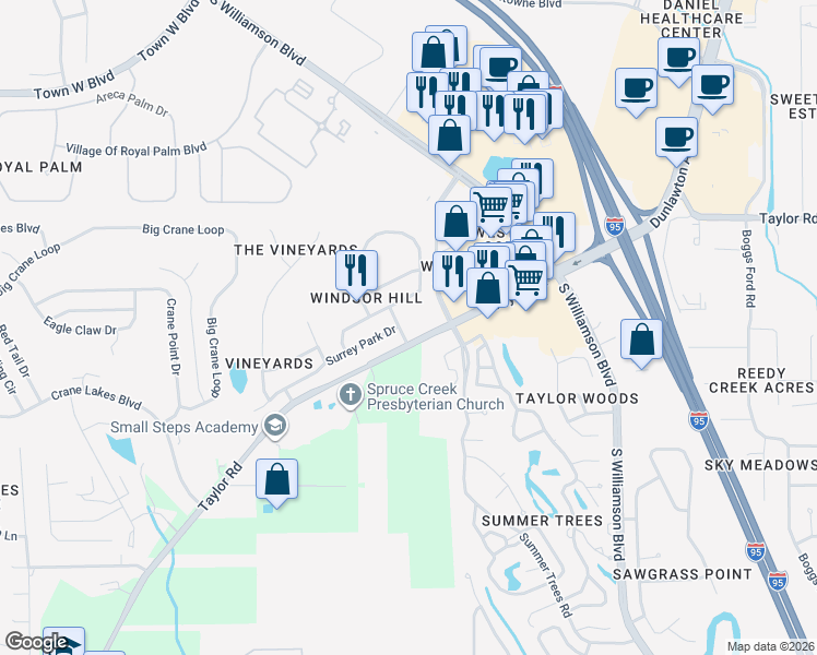 map of restaurants, bars, coffee shops, grocery stores, and more near 5797 Windsor Hill Drive in Port Orange