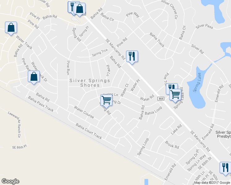map of restaurants, bars, coffee shops, grocery stores, and more near 454 Spring Lane in Ocala
