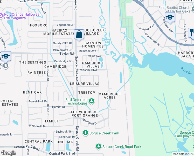 map of restaurants, bars, coffee shops, grocery stores, and more near 221 Leisure Circle in Port Orange