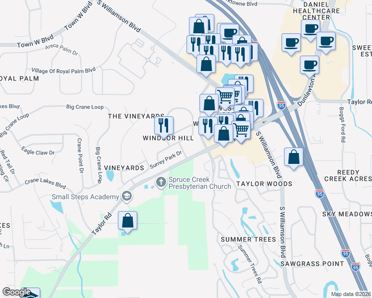 map of restaurants, bars, coffee shops, grocery stores, and more near 5797 Windsor Hill Drive in Port Orange