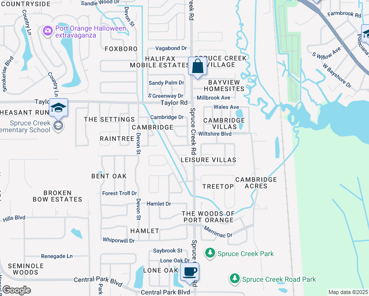 map of restaurants, bars, coffee shops, grocery stores, and more near 104 Abby Lane in Port Orange