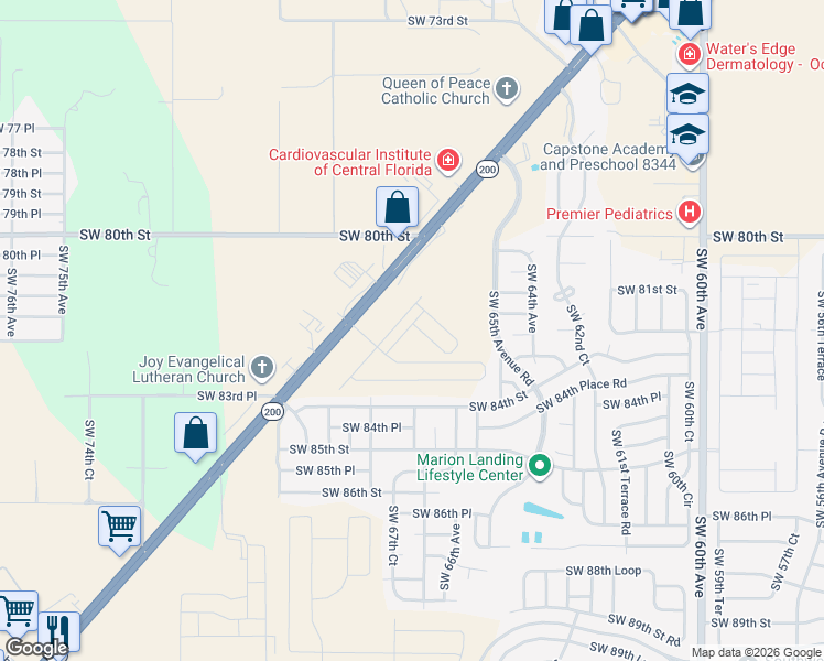 map of restaurants, bars, coffee shops, grocery stores, and more near 2756 Southwest State Road 200 in Ocala