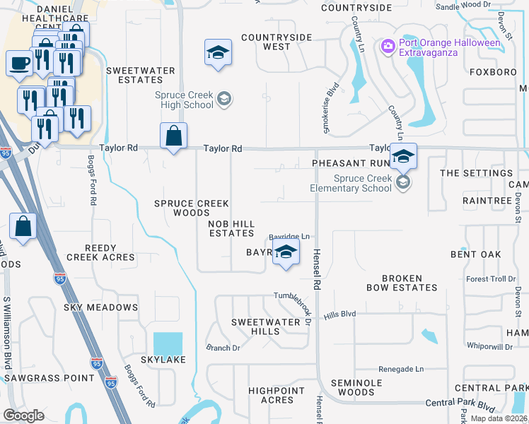 map of restaurants, bars, coffee shops, grocery stores, and more near 815 Bayridge Lane in Port Orange
