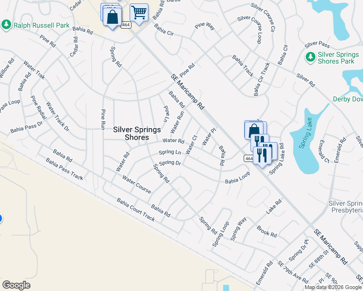 map of restaurants, bars, coffee shops, grocery stores, and more near 454 Spring Lane in Ocala