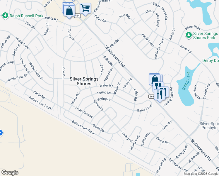 map of restaurants, bars, coffee shops, grocery stores, and more near 454 Spring Lane in Ocala