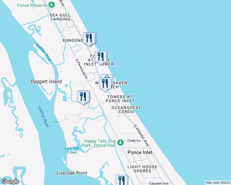 map of restaurants, bars, coffee shops, grocery stores, and more near 4621 South Atlantic Avenue in Port Orange