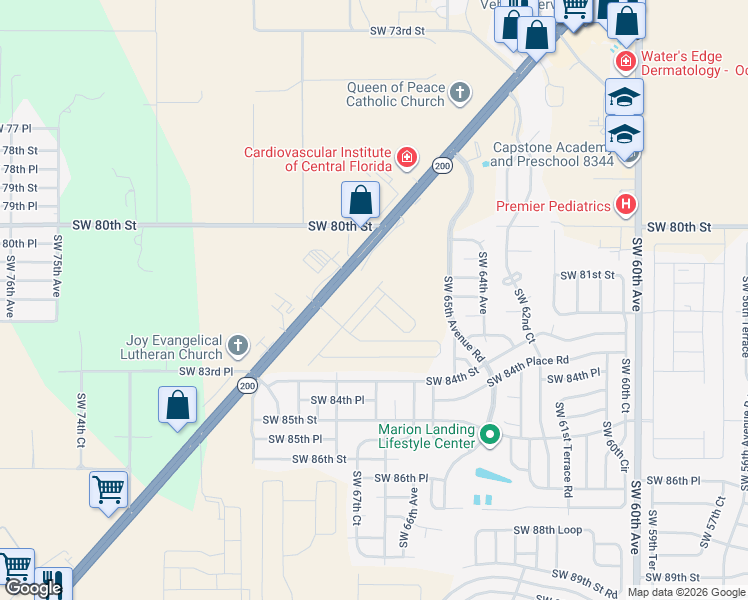 map of restaurants, bars, coffee shops, grocery stores, and more near Florida 200 in Ocala