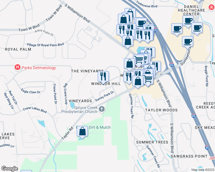 map of restaurants, bars, coffee shops, grocery stores, and more near 1378 South Wembley Circle in Port Orange
