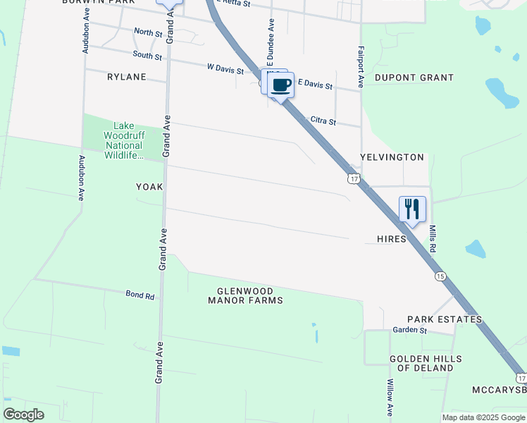 map of restaurants, bars, coffee shops, grocery stores, and more near 1940 South Farm Road in DeLand