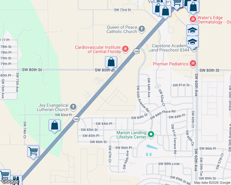 map of restaurants, bars, coffee shops, grocery stores, and more near Florida 200 in Ocala