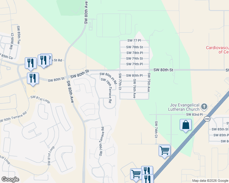 map of restaurants, bars, coffee shops, grocery stores, and more near 7773 Southwest 80th Place Road in Ocala