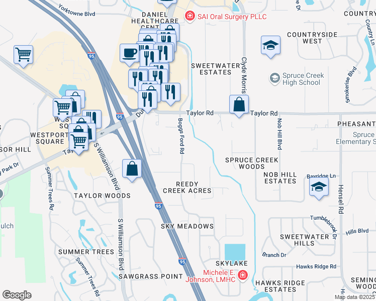 map of restaurants, bars, coffee shops, grocery stores, and more near 5827 Boggs Ford Road in Port Orange