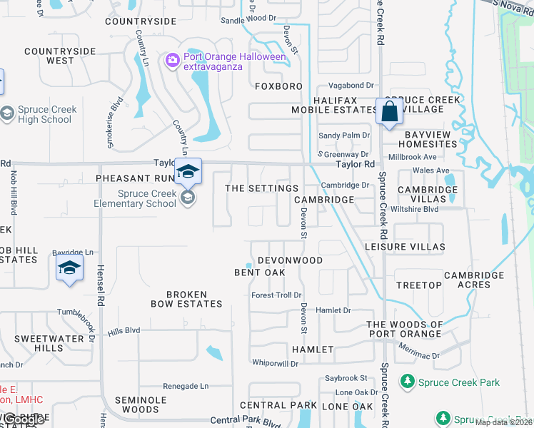 map of restaurants, bars, coffee shops, grocery stores, and more near 25 Timber Trail in Port Orange