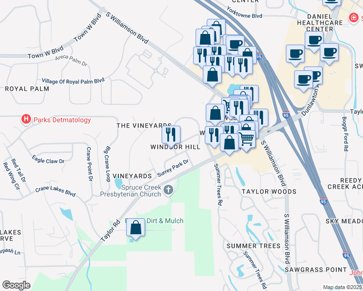 map of restaurants, bars, coffee shops, grocery stores, and more near 1383 Hyde Park Drive in Port Orange