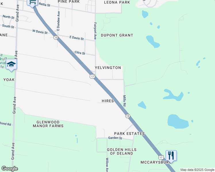 map of restaurants, bars, coffee shops, grocery stores, and more near 4463 Highway 17 in DeLand