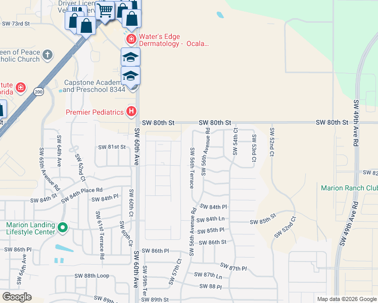 map of restaurants, bars, coffee shops, grocery stores, and more near 8180 Southwest 56th Terrace in Ocala