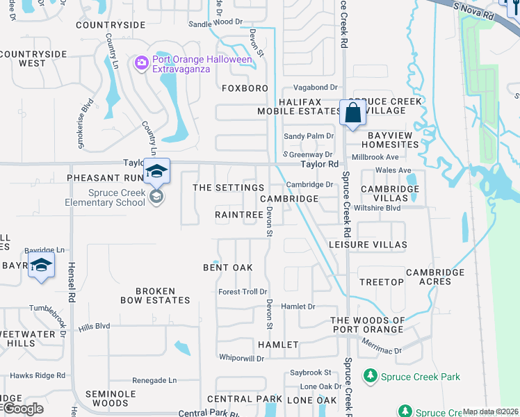 map of restaurants, bars, coffee shops, grocery stores, and more near 9 Raintree Drive in Port Orange