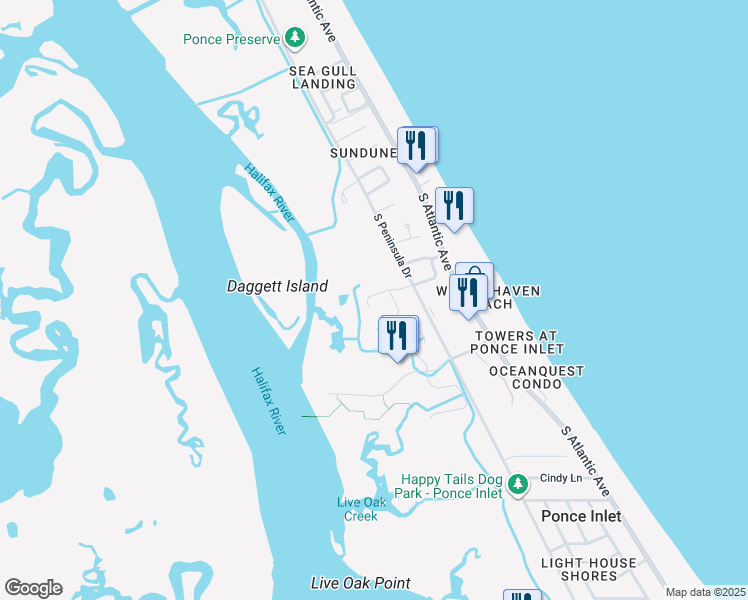 map of restaurants, bars, coffee shops, grocery stores, and more near 115 Marie Drive in Ponce Inlet