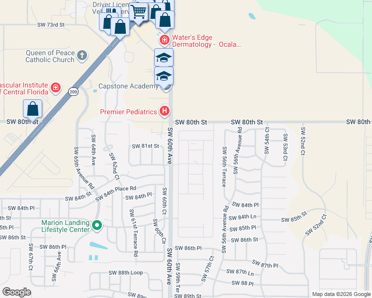 map of restaurants, bars, coffee shops, grocery stores, and more near 8160 Southwest 56th Terrace in Ocala