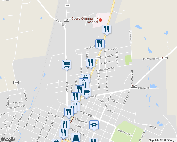 map of restaurants, bars, coffee shops, grocery stores, and more near 108 West Alexander Street in Cuero