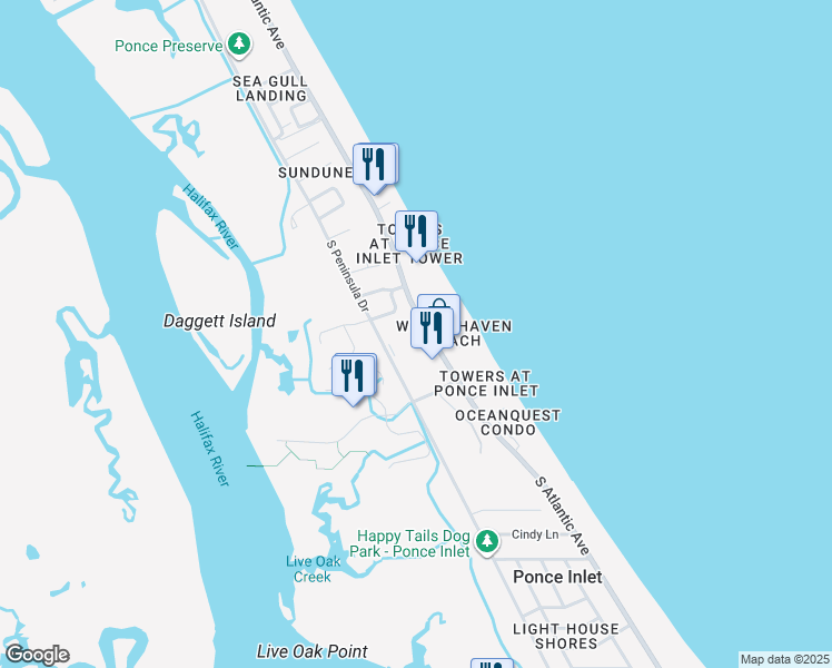 map of restaurants, bars, coffee shops, grocery stores, and more near 4590 South Atlantic Avenue in Ponce Inlet